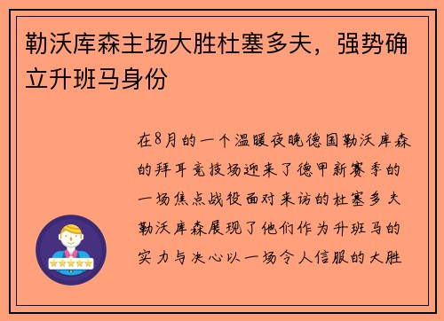 勒沃库森主场大胜杜塞多夫，强势确立升班马身份