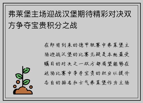 弗莱堡主场迎战汉堡期待精彩对决双方争夺宝贵积分之战