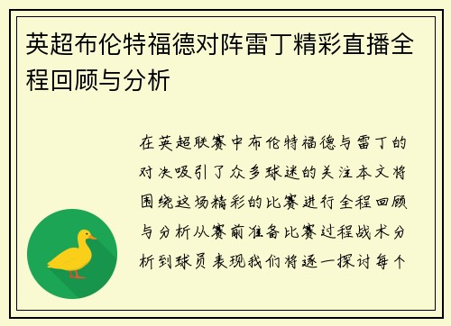 英超布伦特福德对阵雷丁精彩直播全程回顾与分析