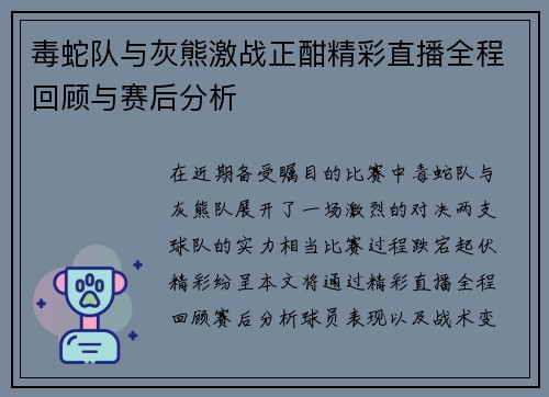 毒蛇队与灰熊激战正酣精彩直播全程回顾与赛后分析