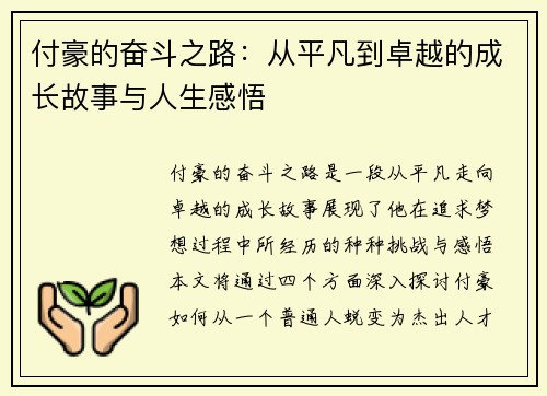 付豪的奋斗之路：从平凡到卓越的成长故事与人生感悟